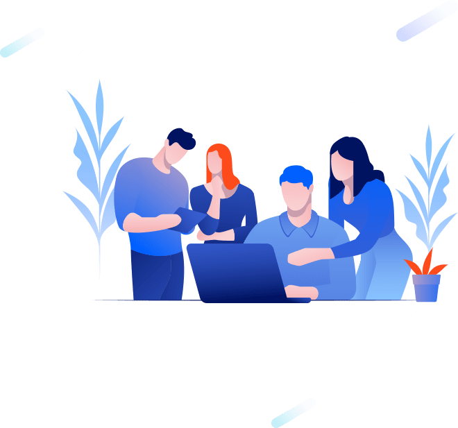 Illustration of the team collaborating around a laptop